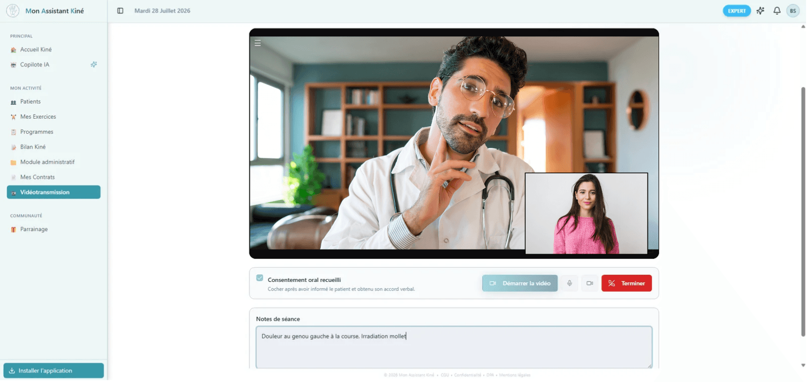 Module vidéotransmission sécurisée de Mon Assistant Kiné — consultation kinésithérapie à distance